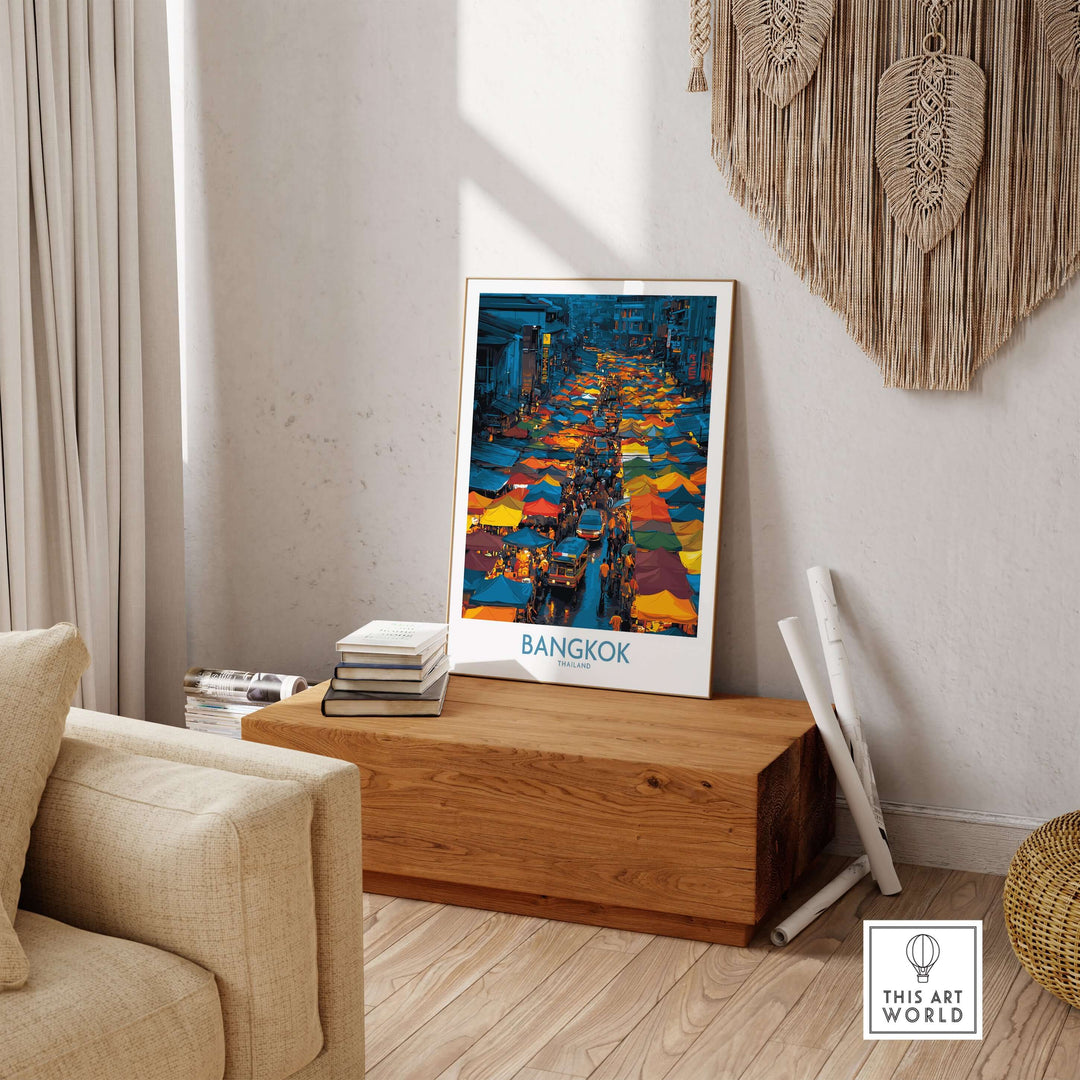 Bangkok market vendors wall art showcasing colorful market scene, perfect for cultural travel enthusiasts.