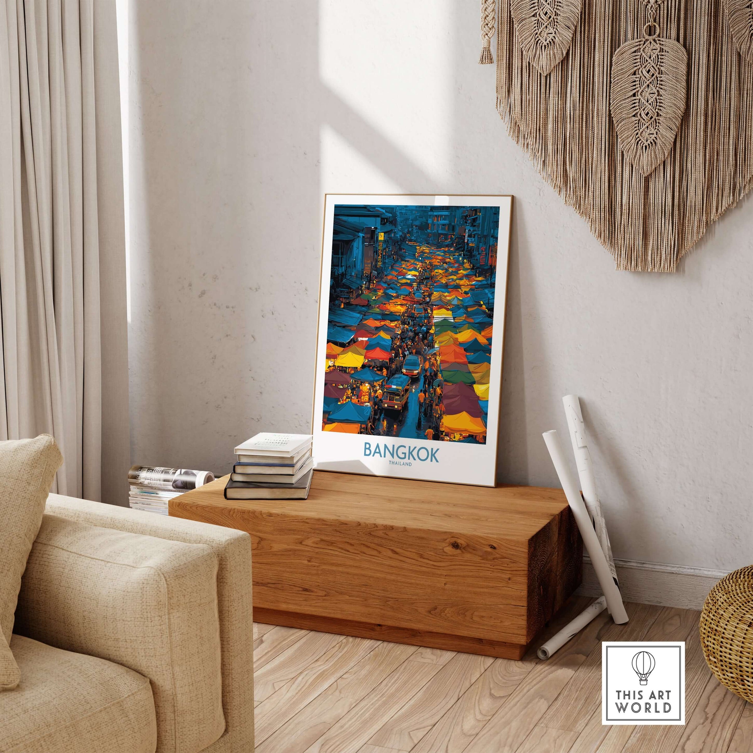 Bangkok Thailand Market Vendors Wall Art - Cultural Travel Print displayed in a stylish living room setting.