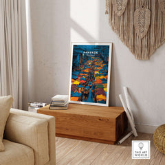 Bangkok Thailand Night Market Overhead Poster - Bustling Street Scene Print displayed in a cozy living room setting.