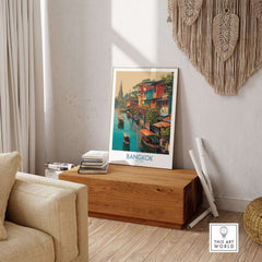 Bangkok Thailand Poster - Floating Market Travel Print displayed in a stylish living room setting.