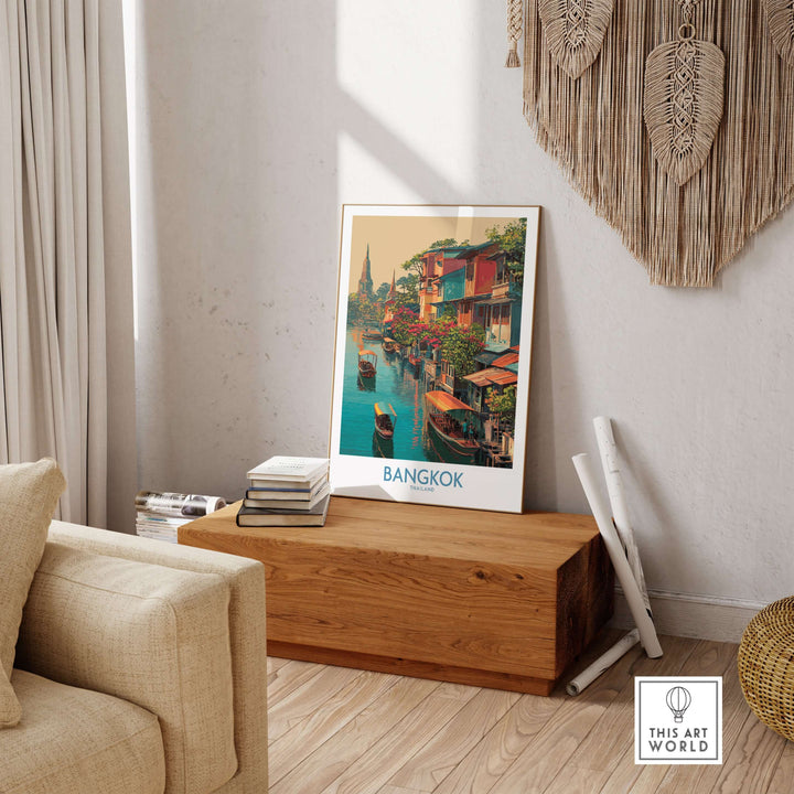 Bangkok Thailand floating market poster decor on wooden table in stylish living room setting.