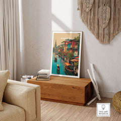 Bangkok Thailand Klong Canal Houses Print - Traditional Thai Village Wall Art displayed in a cozy living room setting.