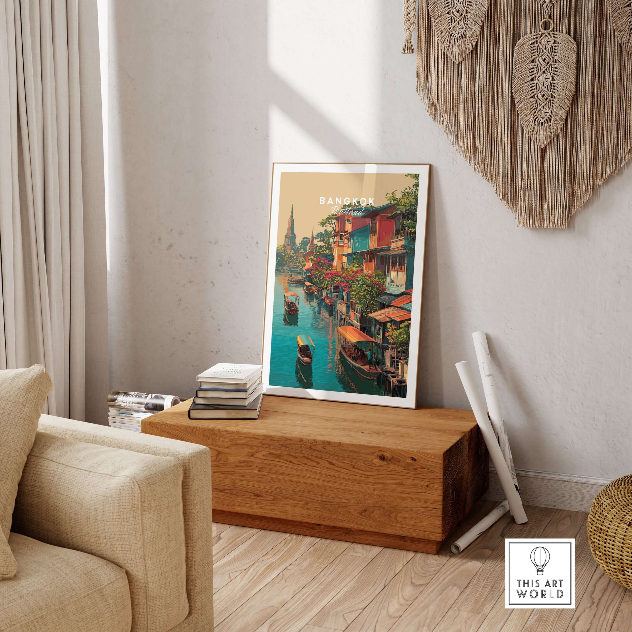 Bangkok Thailand Klong Canal Houses Print - Traditional Thai Village Wall Art displayed in a cozy living room setting.
