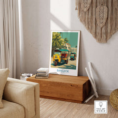 Bangkok Thailand Iconic Tuk Tuks Print - Vibrant Thai Travel Poster displayed in a stylish living room setting.