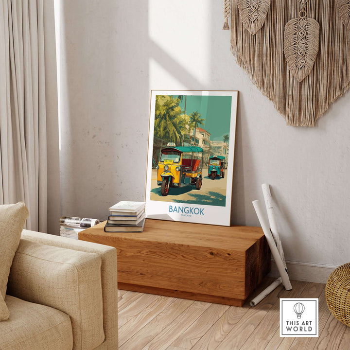 Bangkok tuk tuks print displayed in a modern room with wooden decor and vibrant colors showcasing Thai culture.
