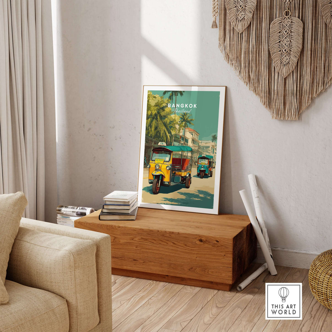 Bangkok tuk tuk city street poster displayed in a cozy living room setting, showcasing vibrant Thai culture.