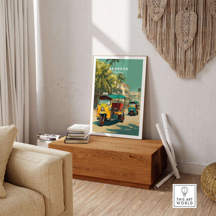 Bangkok tuk tuk city street poster displayed in a cozy living room setting, showcasing vibrant Thai culture.