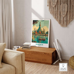 Bangkok Wall Art Thailand Temple Poster - Travel Print displayed in a stylish living room setting.