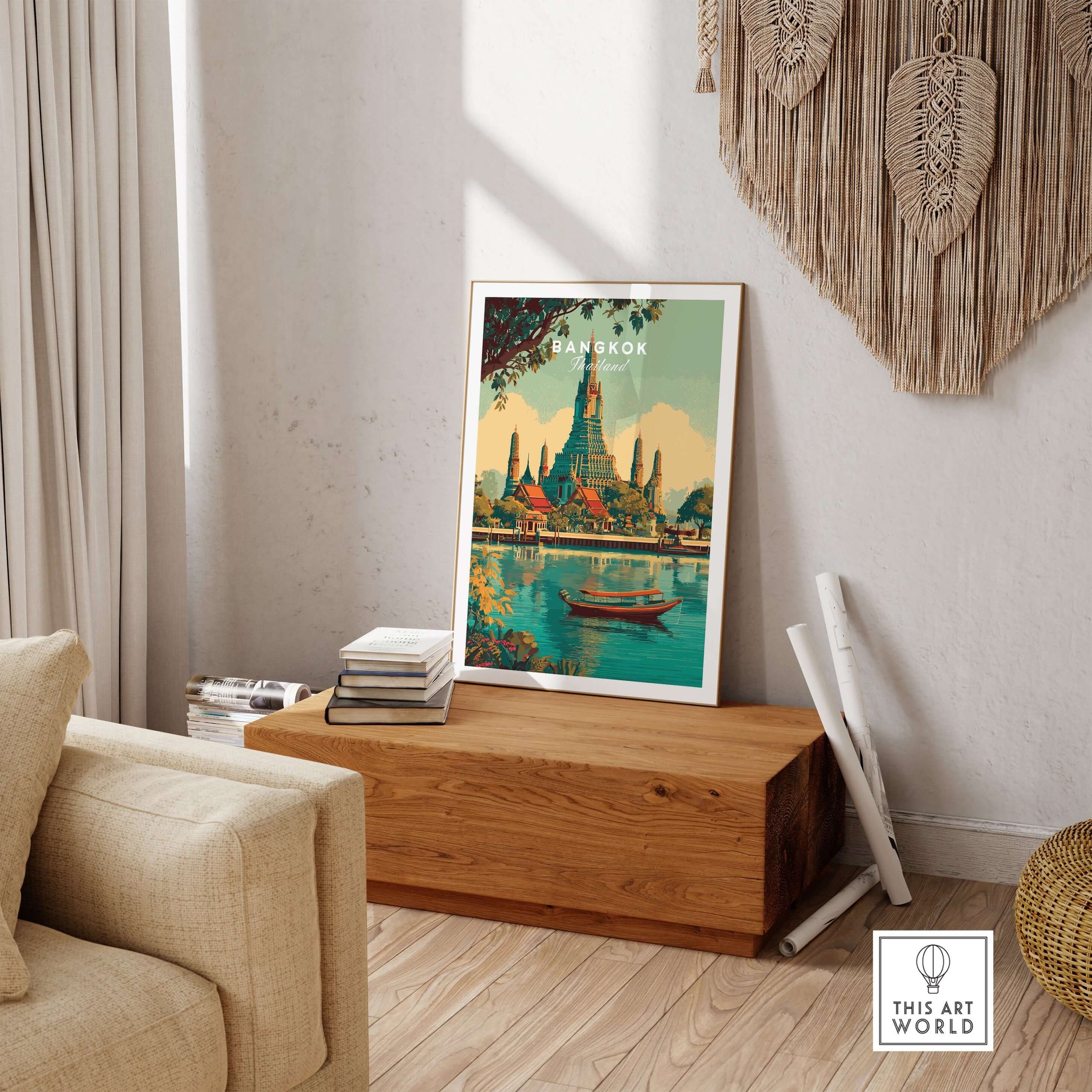 Bangkok Poster Thailand Wat Arun River Scene Print - Grand Temple Wall Art displayed in a cozy living room setting.