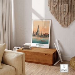 Bangkok Poster Thailand Temple of Dawn - Historic Thai Landmark Print on display in a stylish living room setting.