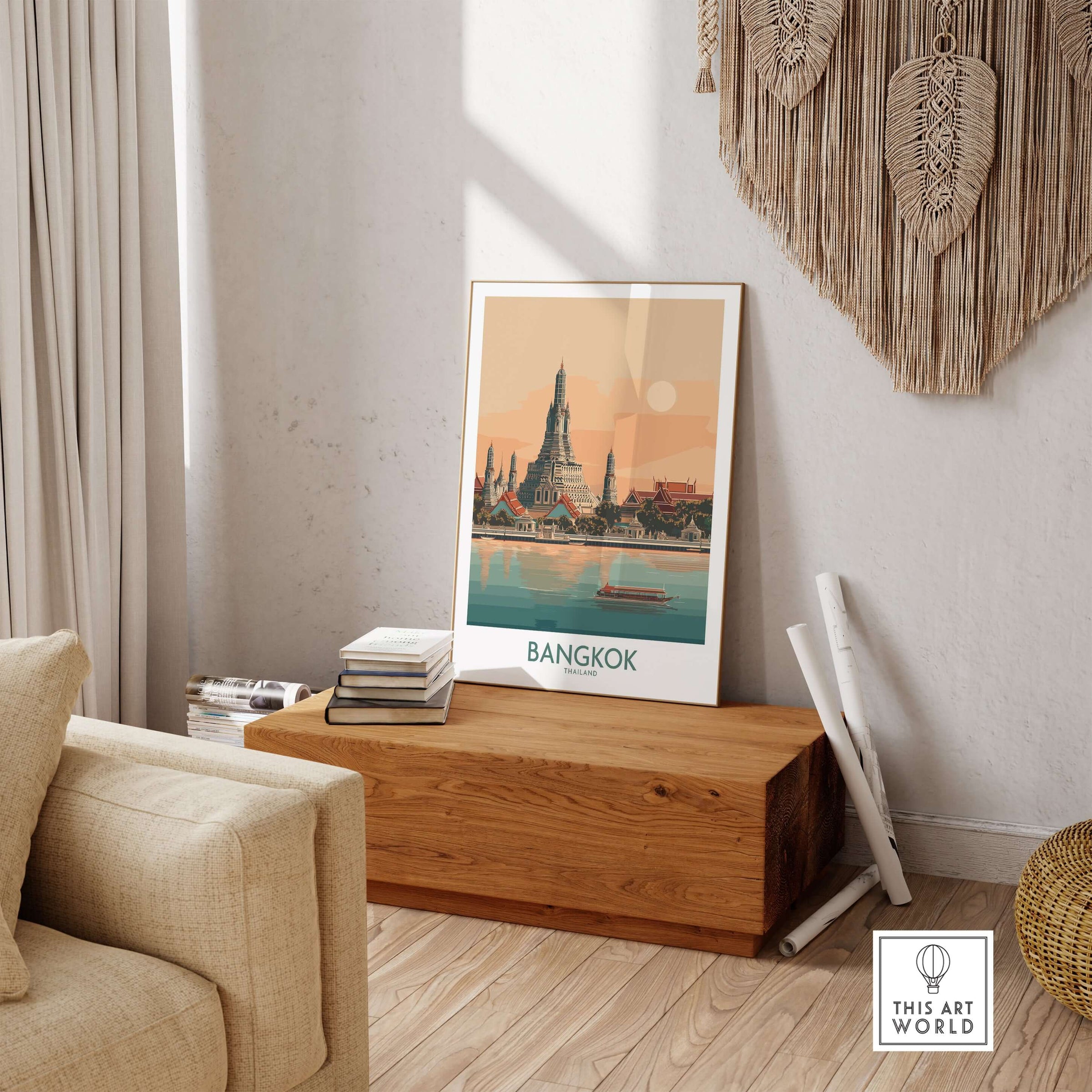 Bangkok Poster Thailand Temple of Dawn - Historic Thai Landmark Print on display in a stylish living room setting.