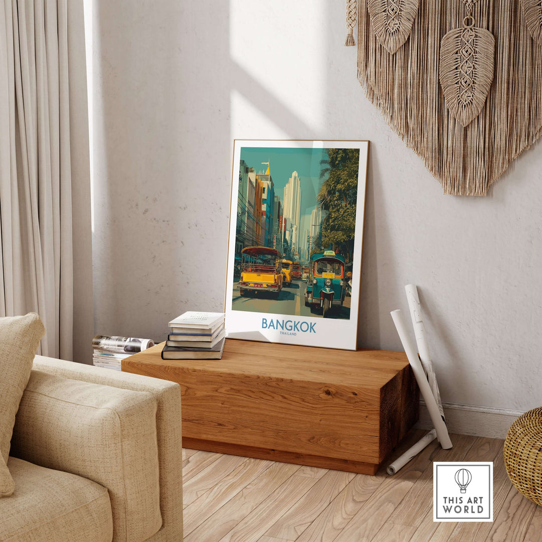 Bangkok wall art featuring vibrant street life with tuk tuks, perfect for home or office décor.
