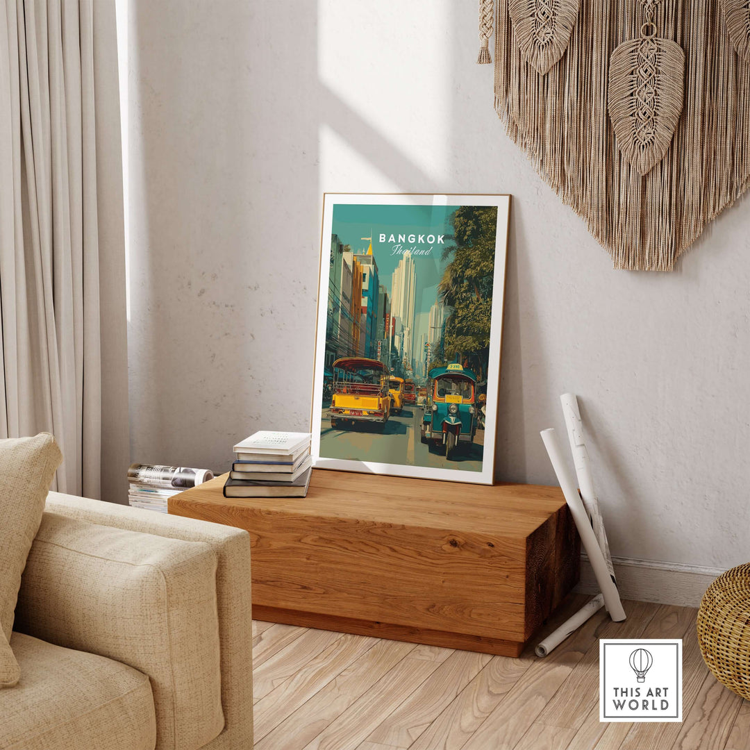 Bangkok Thailand poster featuring tuk tuks and street scene, vibrant decor for home aesthetics.