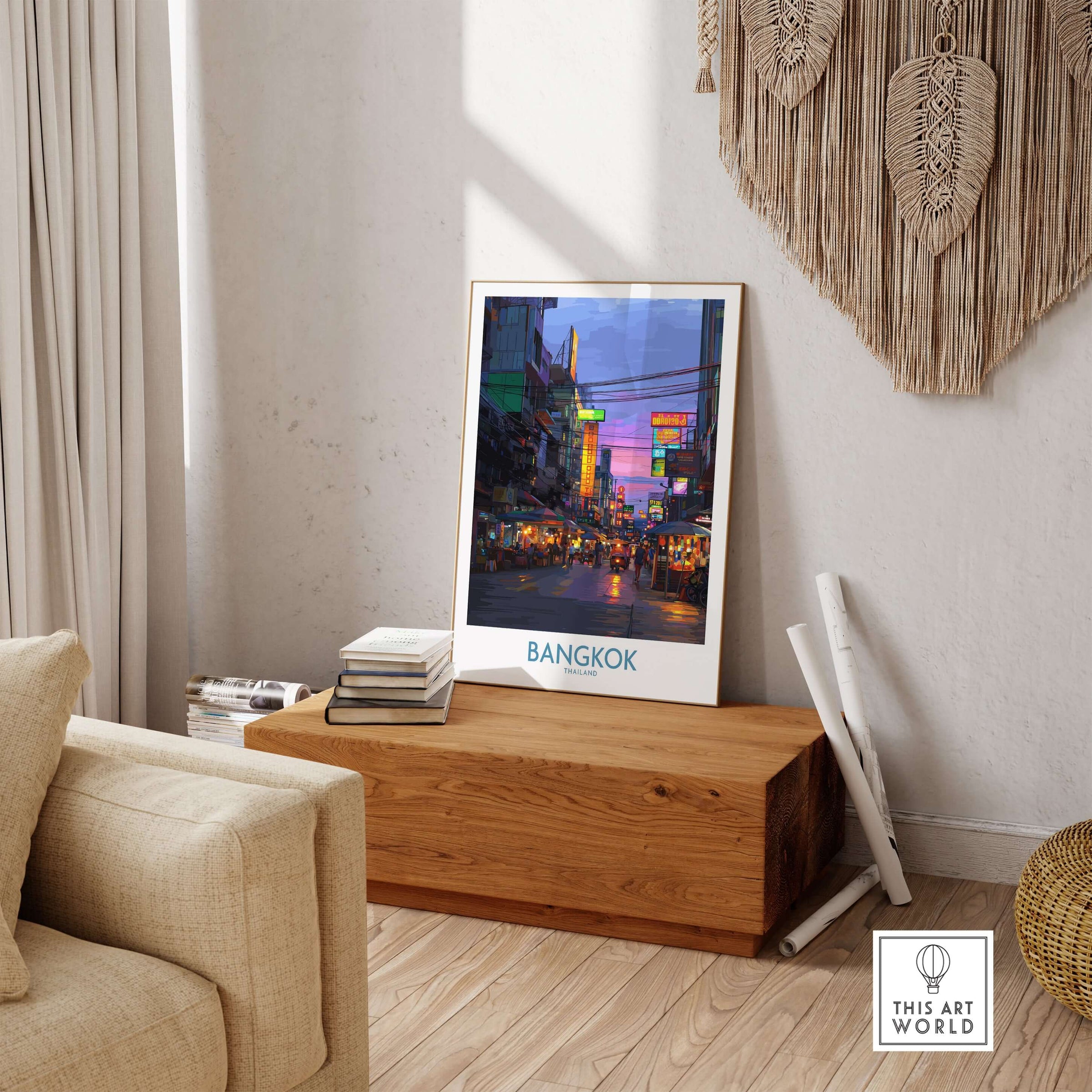Bangkok Thailand Neon Lights Wall Art - Thai Artwork displayed in a modern living space with warm decor.