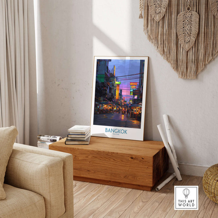 Vibrant Bangkok neon lights wall art in a modern living room setting, showcasing city nightlife.