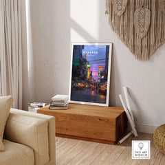 Bangkok Thailand Print Night Market Street -Thai Cityscape Poster displayed in a stylish home interior.