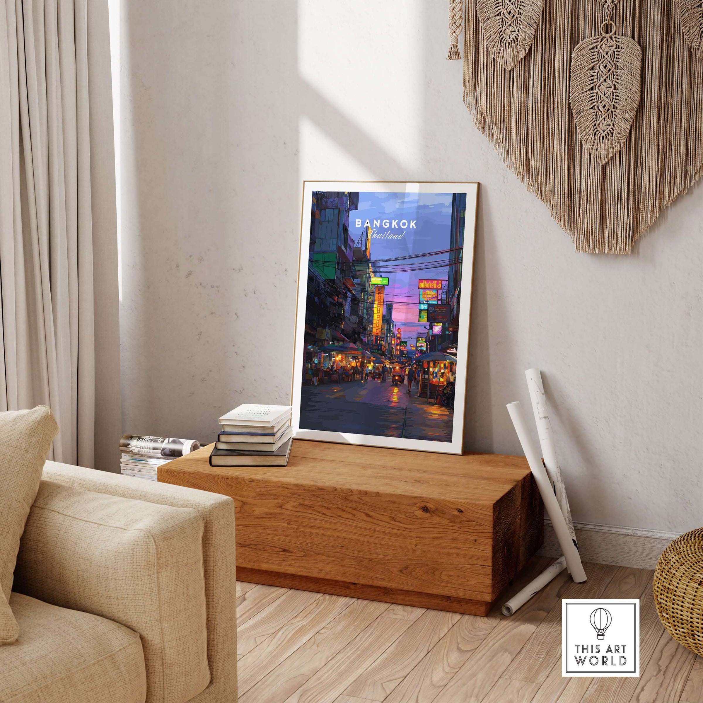 Bangkok Thailand Print Night Market Street -Thai Cityscape Poster displayed in a stylish home interior.