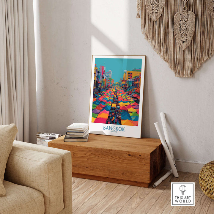 Colorful Bangkok market poster art showcasing vibrant street scenes and culture in a stylish living room setup.