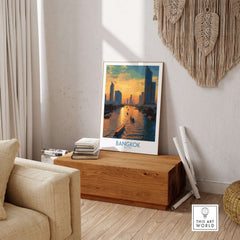 Bangkok Thailand Urban Waterfront Wall Art - Bangkok Cityscape Decor showcasing vibrant river views and modern architecture.