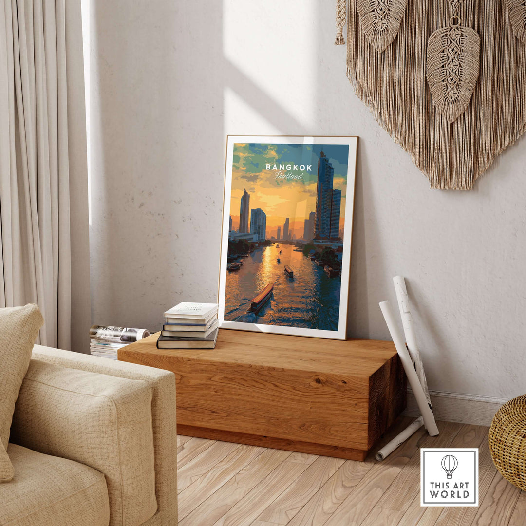 Bangkok skyline sunset poster featuring river boats on the Chao Phraya River, perfect for cityscape decor.