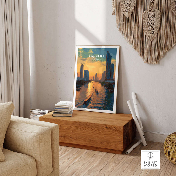 Bangkok skyline sunset poster featuring river boats on the Chao Phraya River, perfect for cityscape decor.