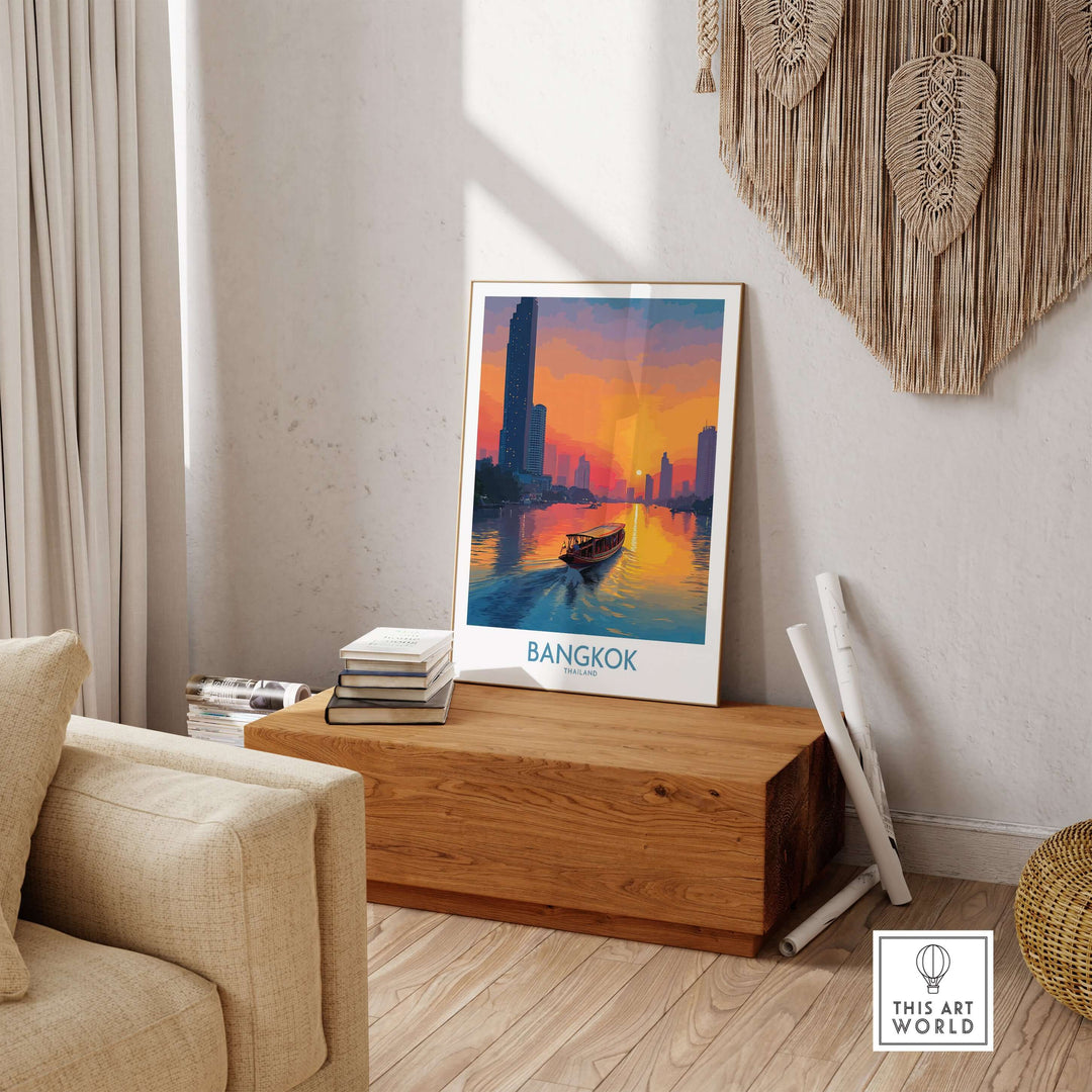 Bangkok wall art showcasing a serene river scene at golden hour, adding warmth to any home decor.