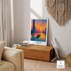 Bangkok Wall Art Thailand Golden Hour - Thai River Travel Scene displayed in a stylish living room.