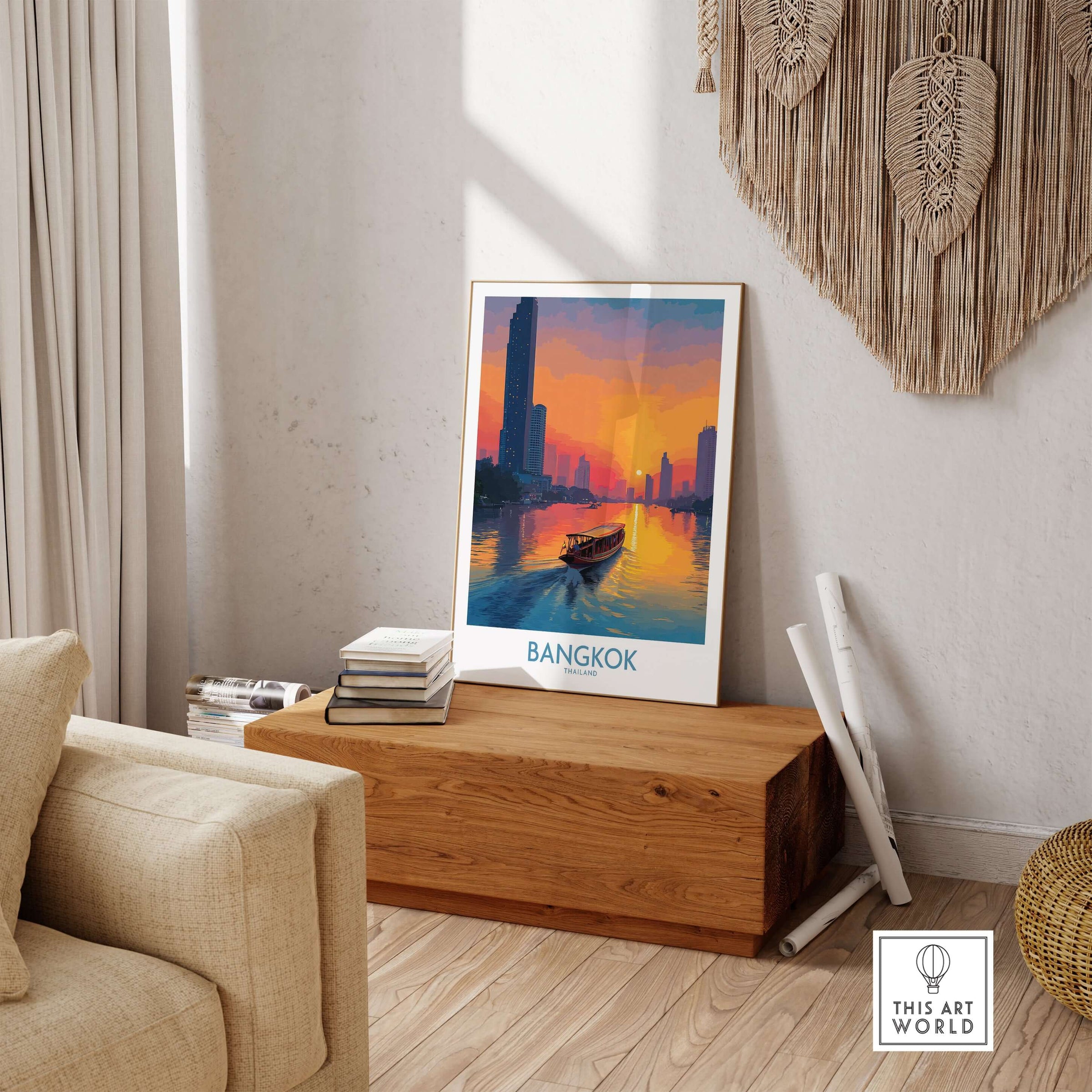 Bangkok Wall Art Thailand Golden Hour - Thai River Travel Scene displayed in a stylish living room.