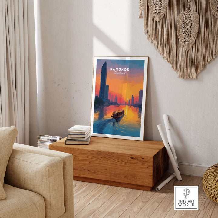 Bangkok Sunset Poster featuring a longtail boat against a vibrant river city skyline in warm twilight colors.