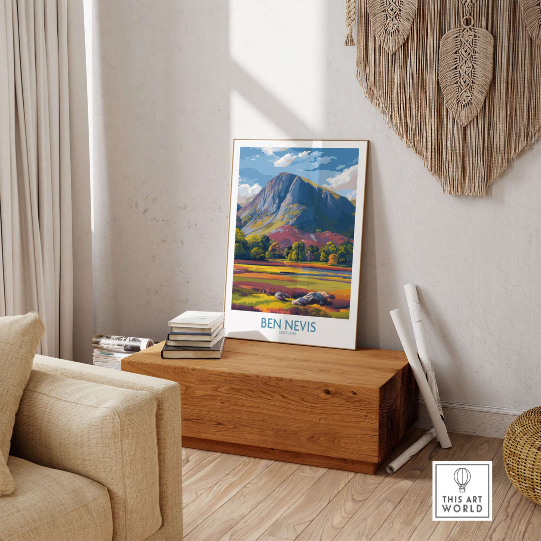 Ben Nevis wall art showcasing autumn foliage in a cozy home setting with wooden decor.