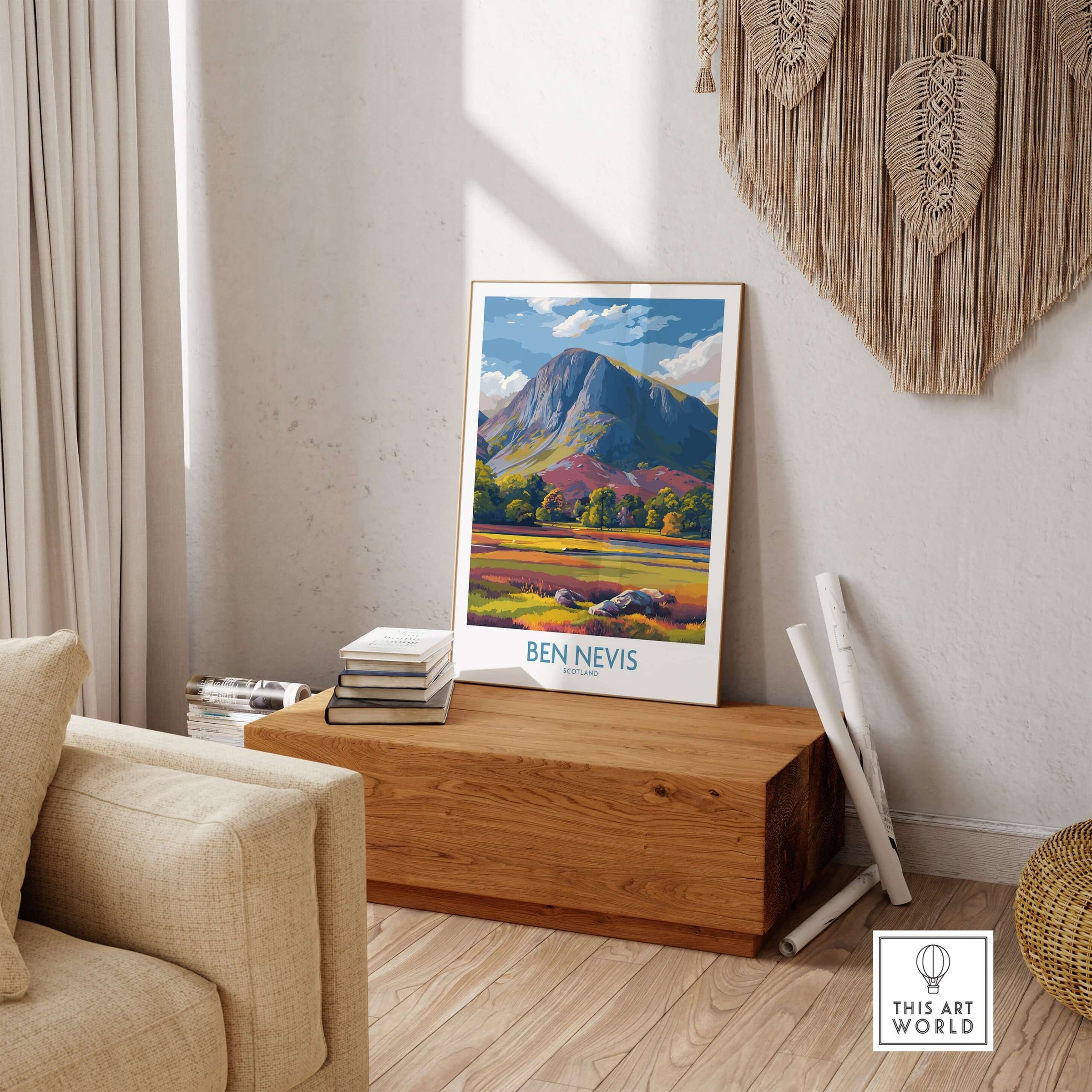 Ben Nevis Wall Art Scotland Highland Landscape - Autumn Foliage Travel Decor displayed on a wooden table in a cozy home setting.