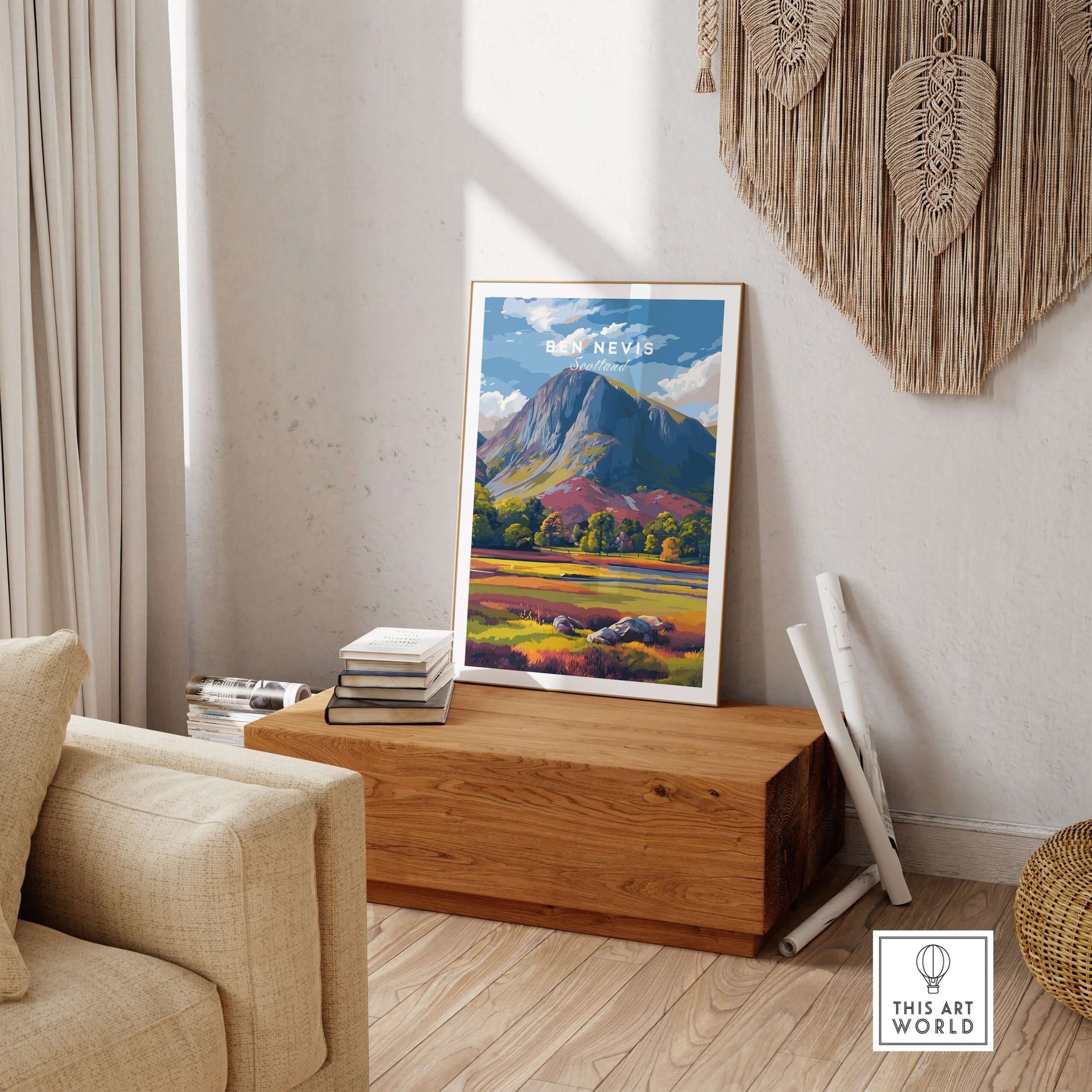 Ben Nevis Print Scotland Colorful Valley - Vibrant Mountain Scenery Poster displayed in a cozy living room.