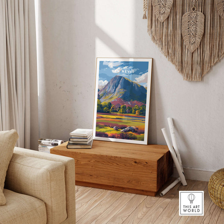 Ben Nevis colorful valley poster displayed in a cozy living room with natural decor.