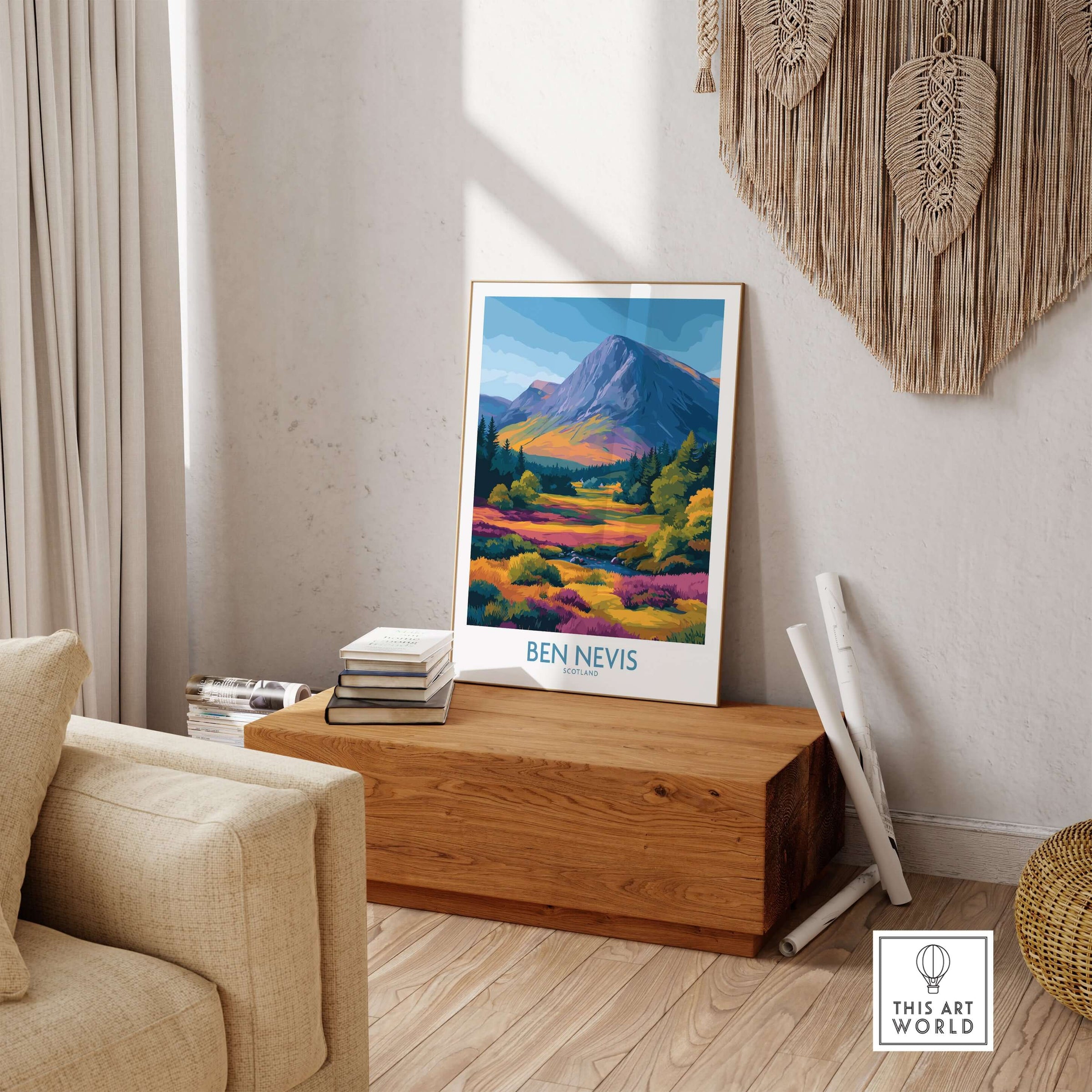 Ben Nevis Scotland Print Heather Fields Landscape - Scottish Peaks Illustration displayed in a cozy living room.