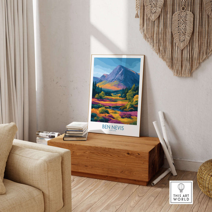 Ben Nevis Scotland print showcasing vibrant heather fields and majestic peaks in a cozy living space.