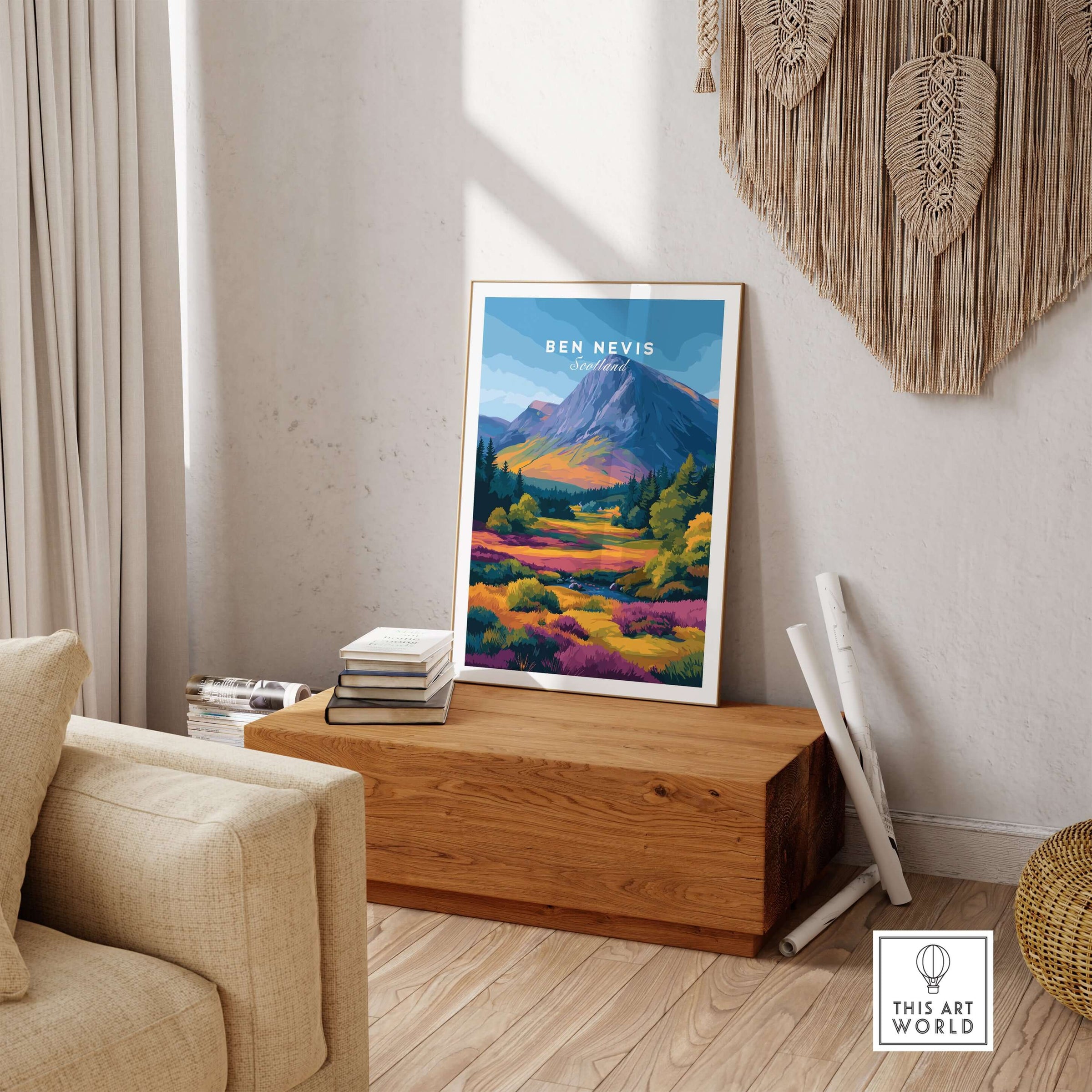 Ben Nevis Scotland Poster Autumn Mountain View - Fall Colors Wall Art displayed in a cozy living room setting.