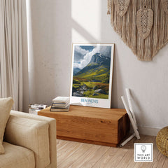 Ben Nevis Scotland Wall Art Hillside Panorama - Nature Travel Decor displayed in a stylish living room setting.