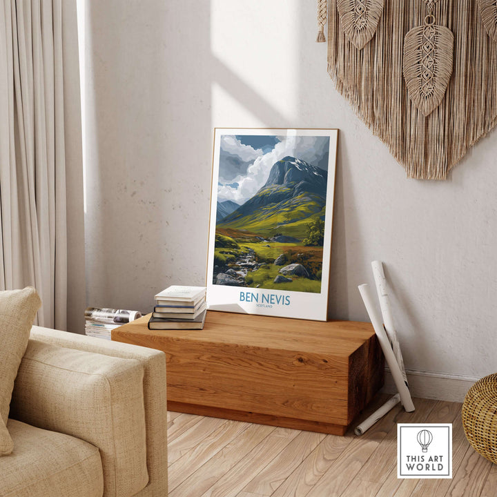 Ben Nevis wall art showcasing a hillside panorama in a cozy living room setting.
