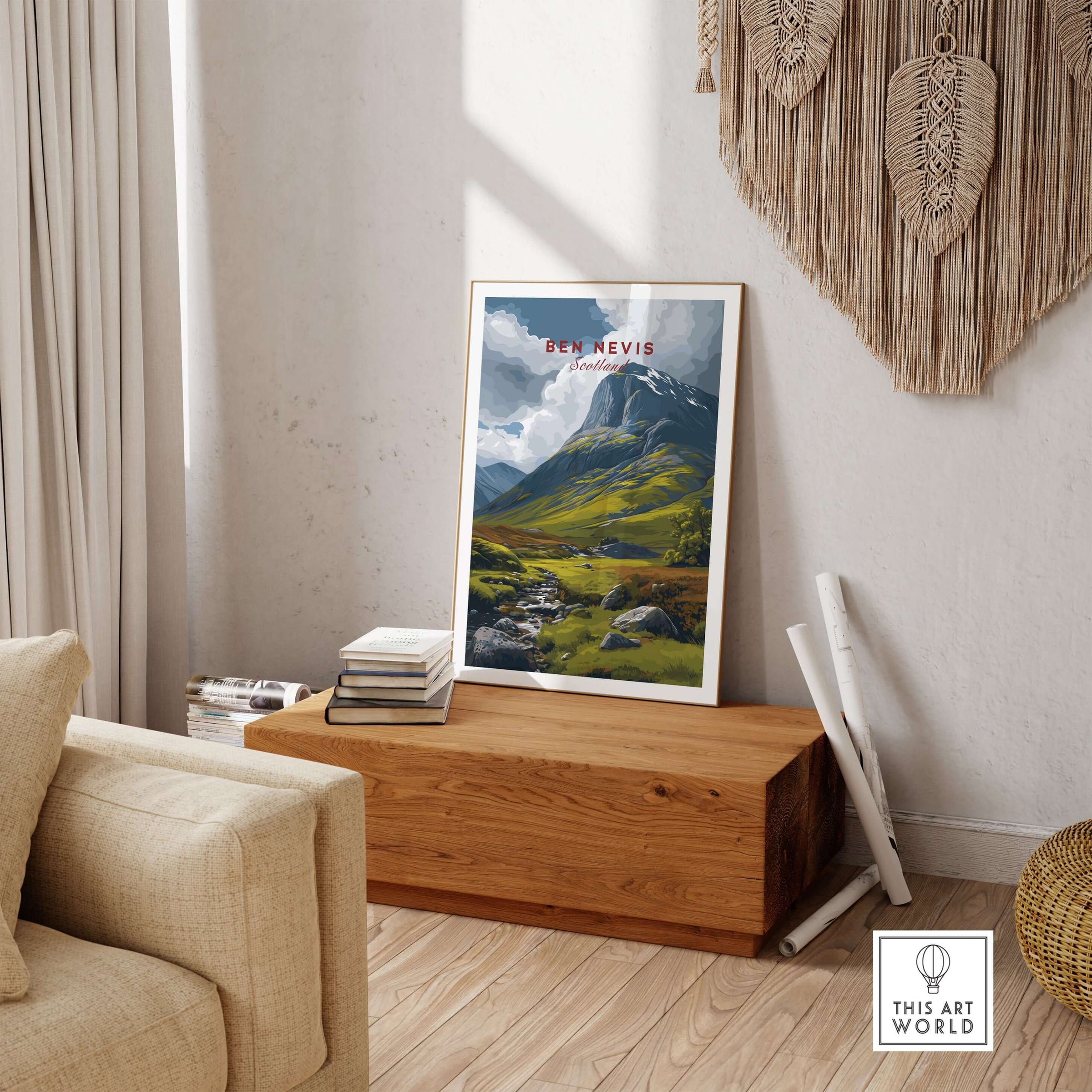 Ben Nevis Scotland Art Print Stream & Mountain - Rugged Scottish Landscape Poster displayed in a cozy living room.