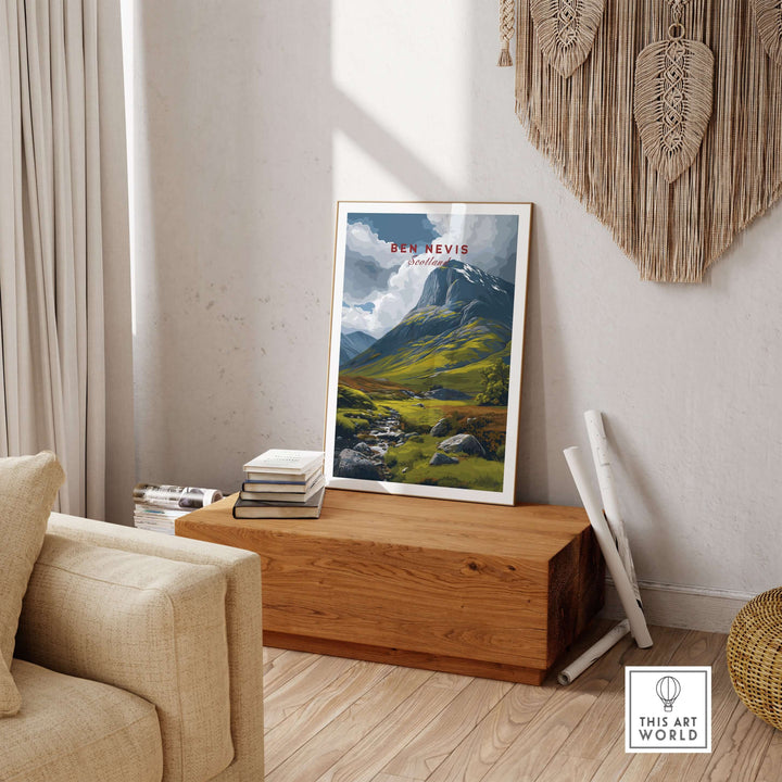 Ben Nevis art print showcasing a Scottish landscape with mountains and a stream, displayed in a cozy living room.