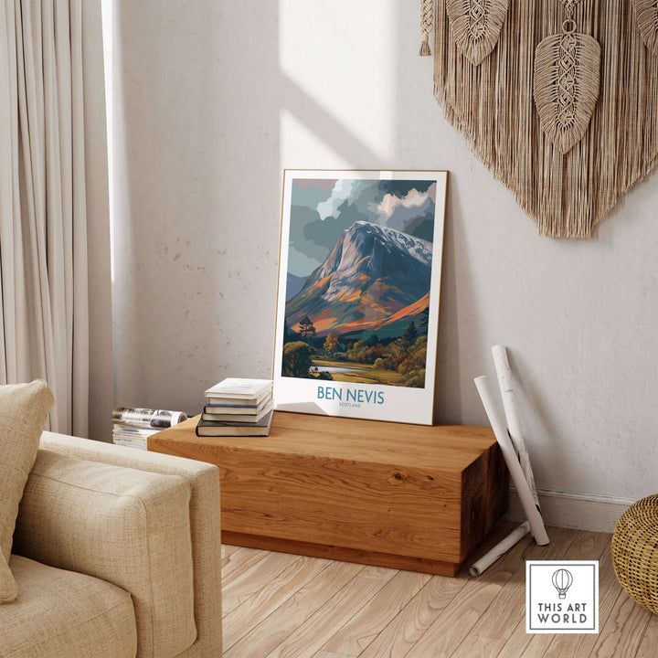 Ben Nevis landscape print showcased in a cozy living room setting, perfect Scottish artwork gift for nature lovers.