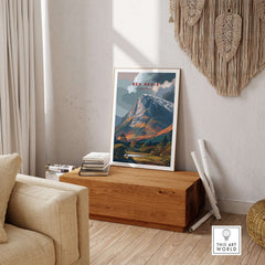Ben Nevis Scotland Snow-Capped Mountain Poster - Dramatic Highland Wall Art displayed in a modern living room.