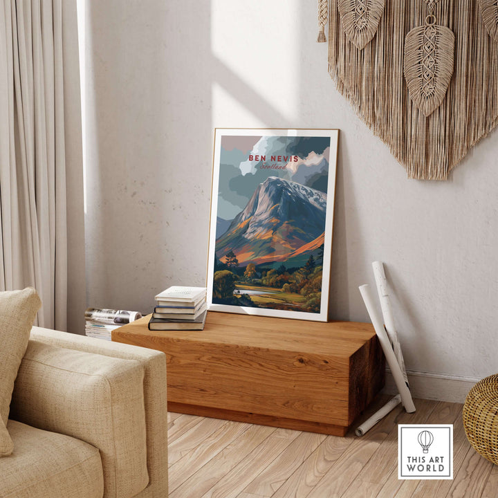 Ben Nevis snow-capped mountain poster displayed in a stylish living room, featuring dramatic Highland wall art.