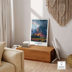 Ben Nevis Wall Art Scotland Moody Skies - Scottish Highlands Travel Poster displayed in a cozy living room setting.