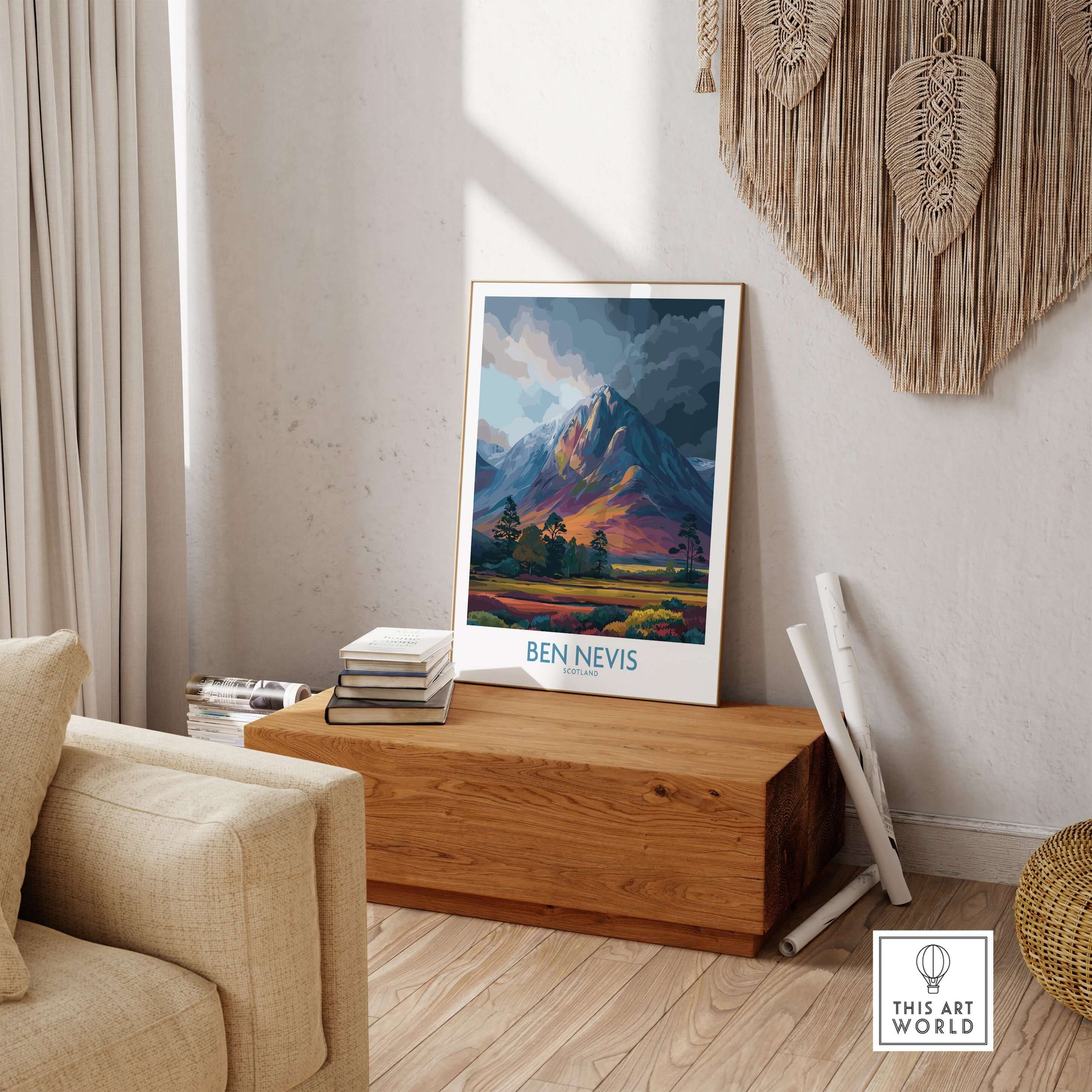 Ben Nevis Wall Art Scotland Moody Skies - Scottish Highlands Travel Poster displayed in a cozy living room setting.
