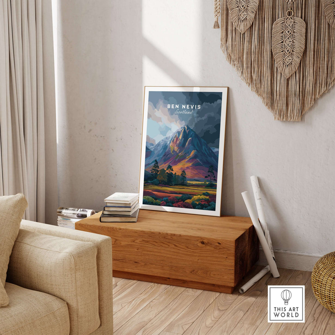Colorful Ben Nevis art print showcasing vibrant dusk landscape, displayed in a cozy interior setting.