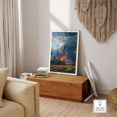 Ben Nevis Art Illustration Print Scotland Vibrant Dusk Mountain - Colorful Landscape Poster displayed in a cozy room setting.