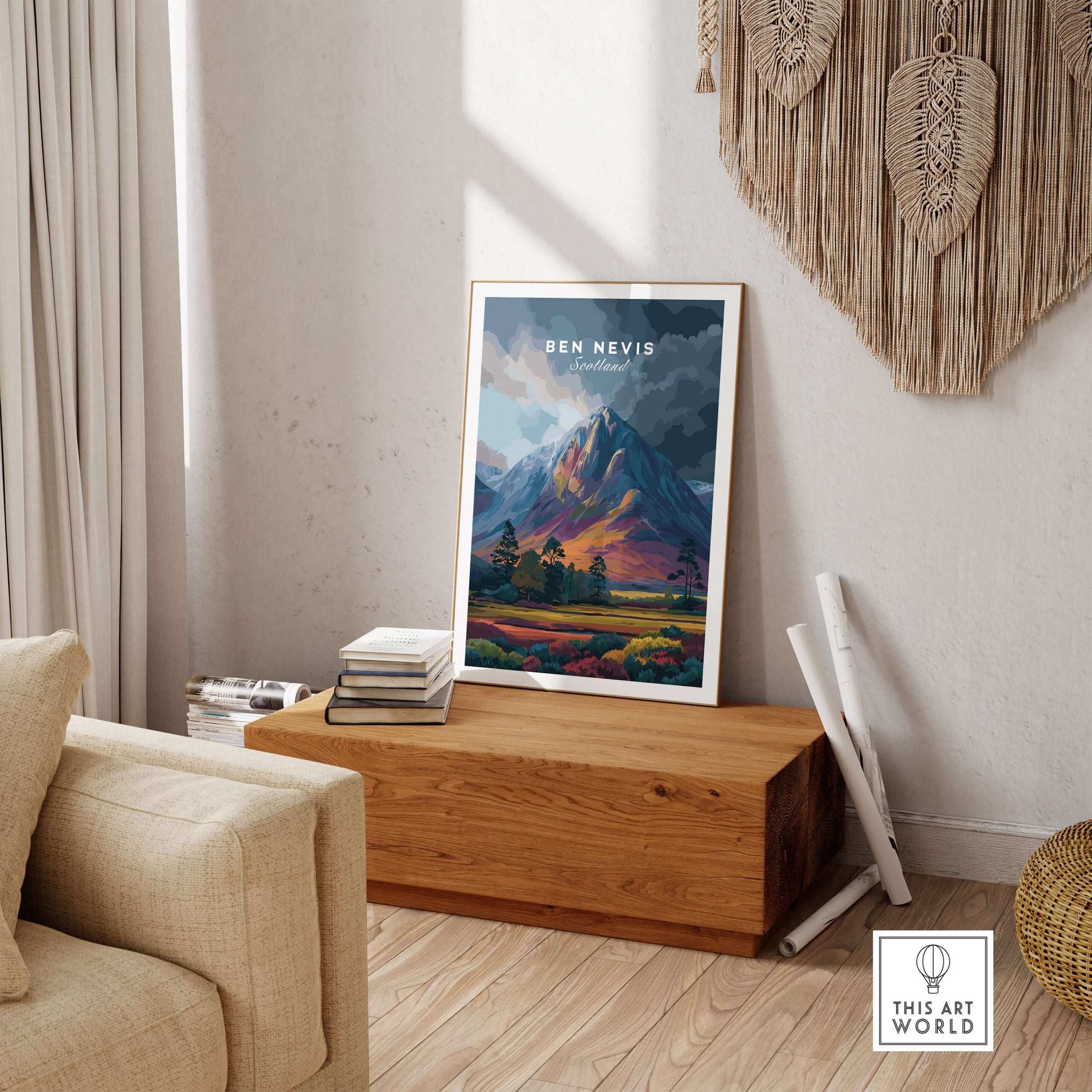 Ben Nevis Art Illustration Print Scotland Vibrant Dusk Mountain - Colorful Landscape Poster displayed in a cozy room setting.