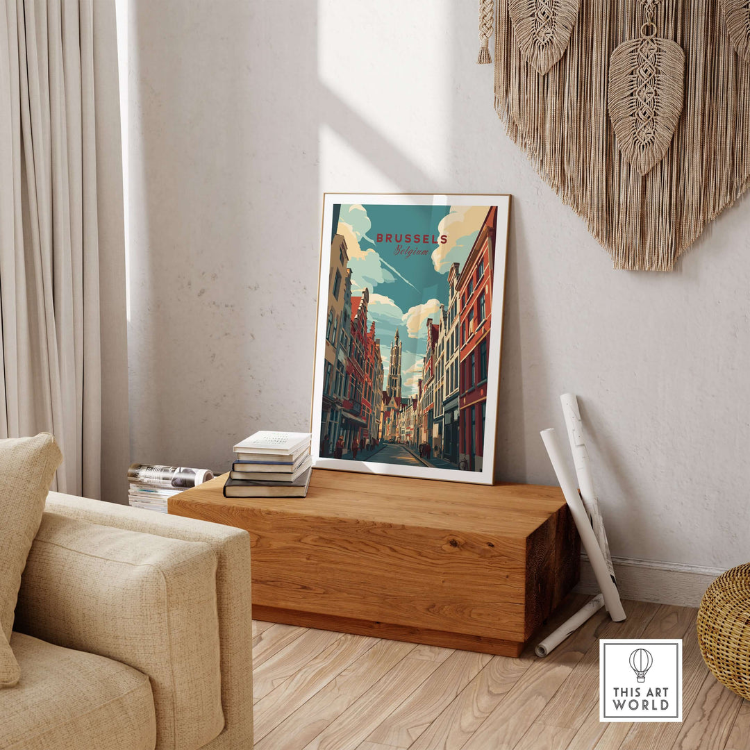 Brussels Grand Place street art poster showcasing colorful buildings and historic charm in a stylish room setting.