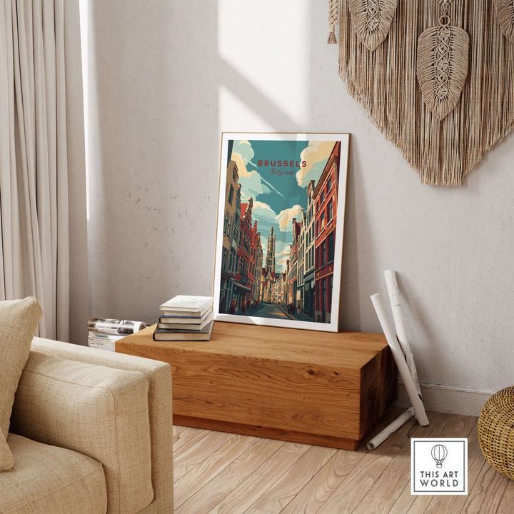 Brussels Grand Place street art poster showcasing colorful buildings and historic charm in a stylish room setting.